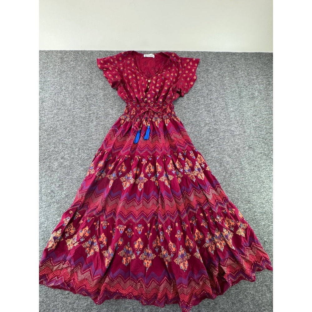 Lapogee Womens Burgundy Boho Print Rayon Maxi Dress Tassel M